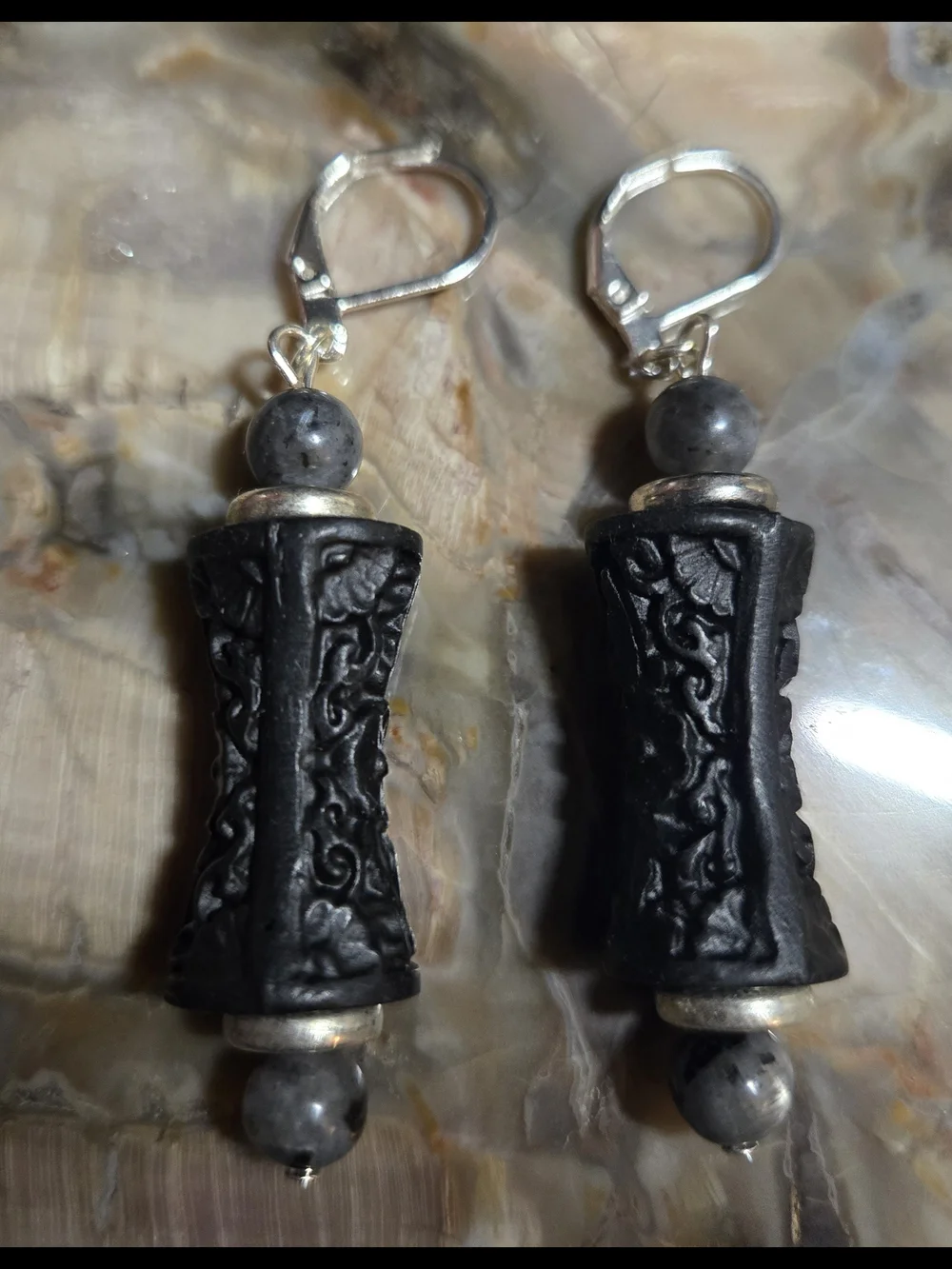 Artisan Black Carved Cinnabar And Larvikite Earrings - Picture 2 of 3